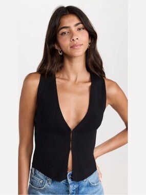 Reformation Black Ribbed V-Neck Button Tank